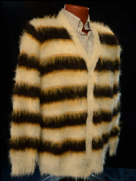 Men's Fuzzy Cardigan plush cardigan sweater with blue and black colorful stripes