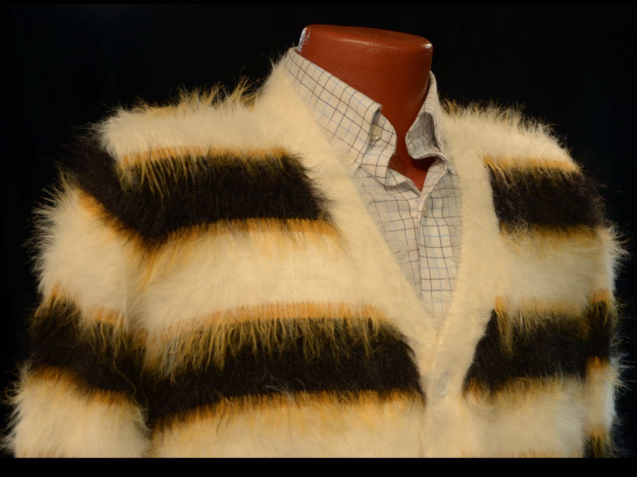 Men's Fuzzy Cardigan plush cardigan sweater with blue and black colorful stripes
