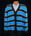 Men's Fuzzy Cardigan plush cardigan sweater with blue and black colorful stripes
