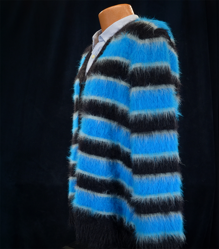 Men's Fuzzy Cardigan plush cardigan sweater with blue and black colorful stripes