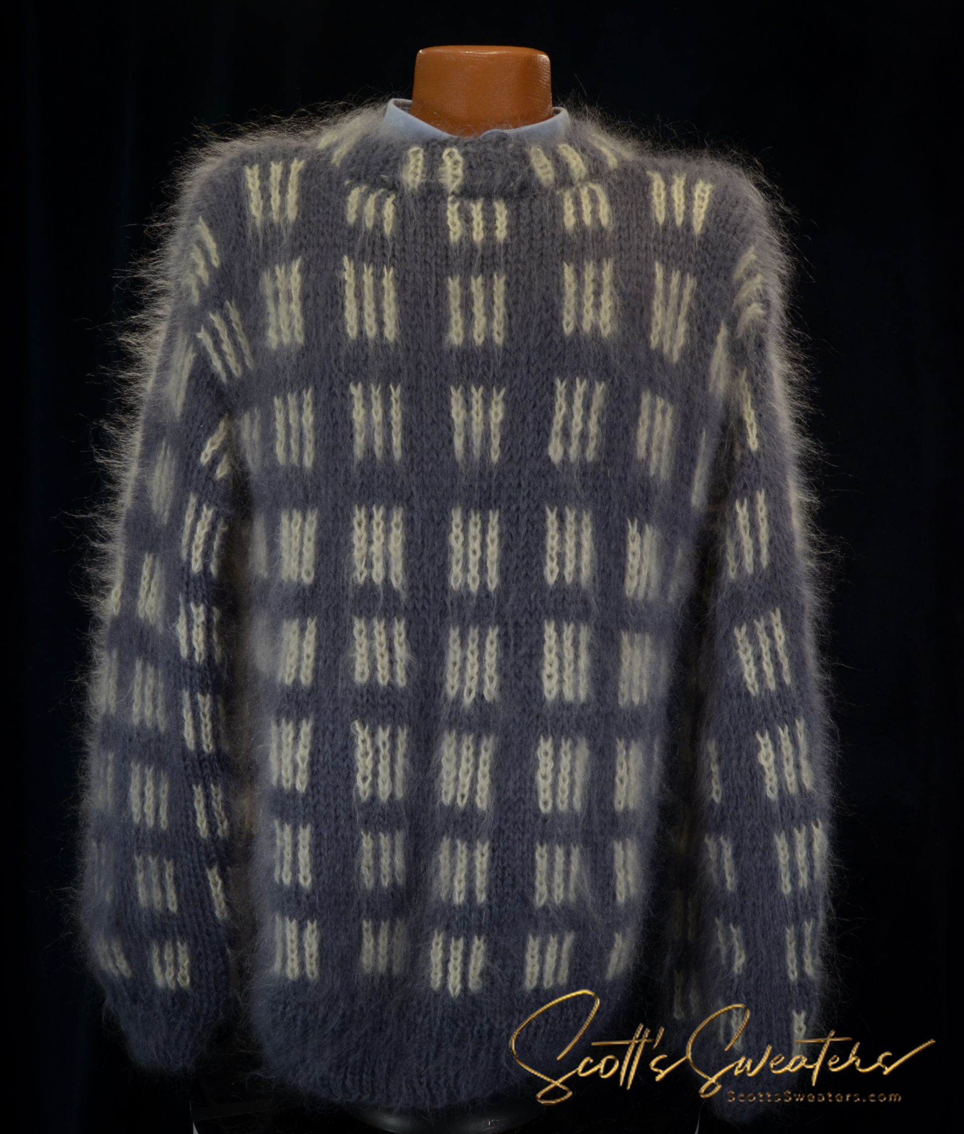 AI designed men's crewneck mohair sweater in slate-grey with white pattern, handknit and fuzzy texture