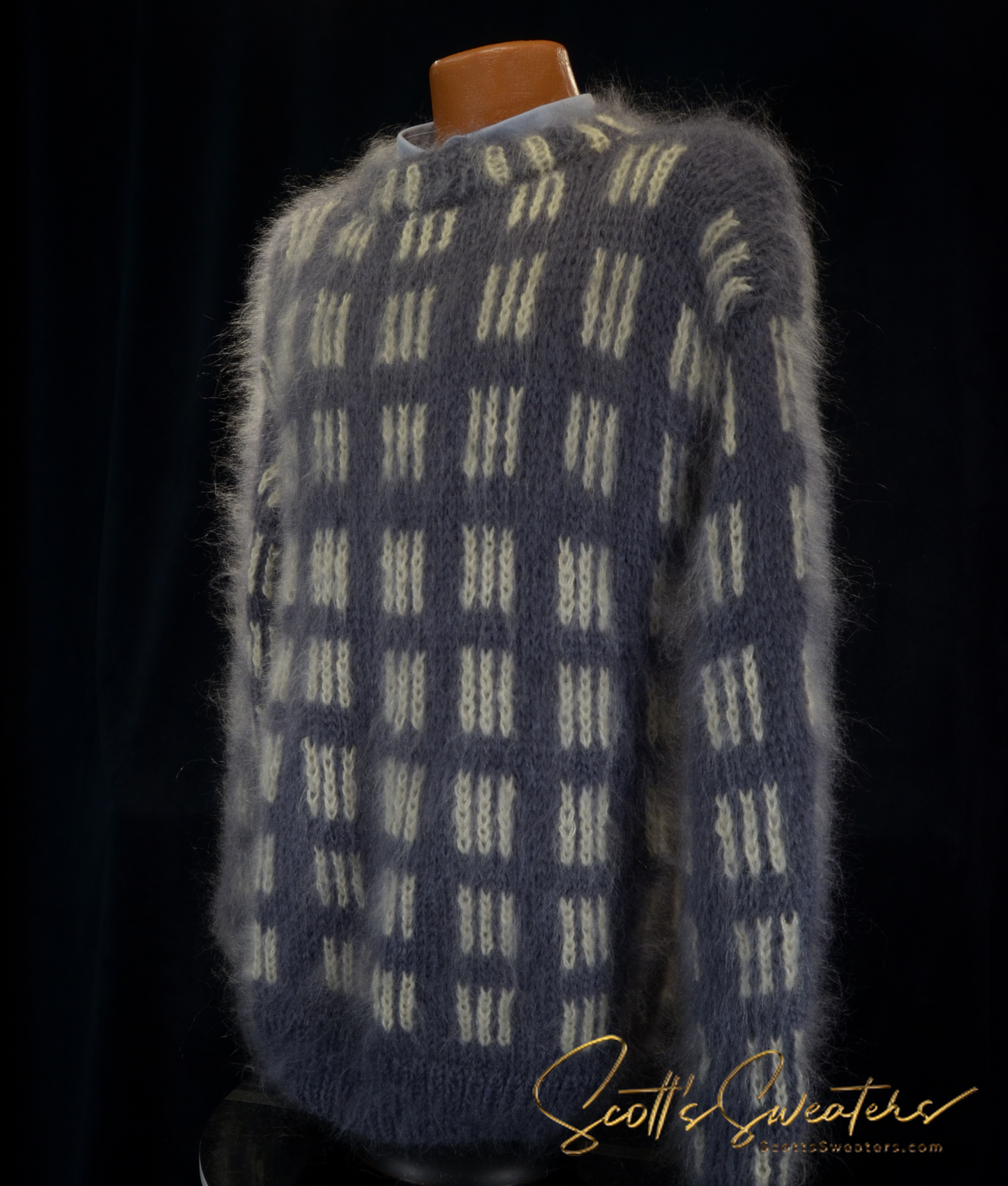 Slate-grey AI designed men's crewneck mohair sweater with a patterned knit.