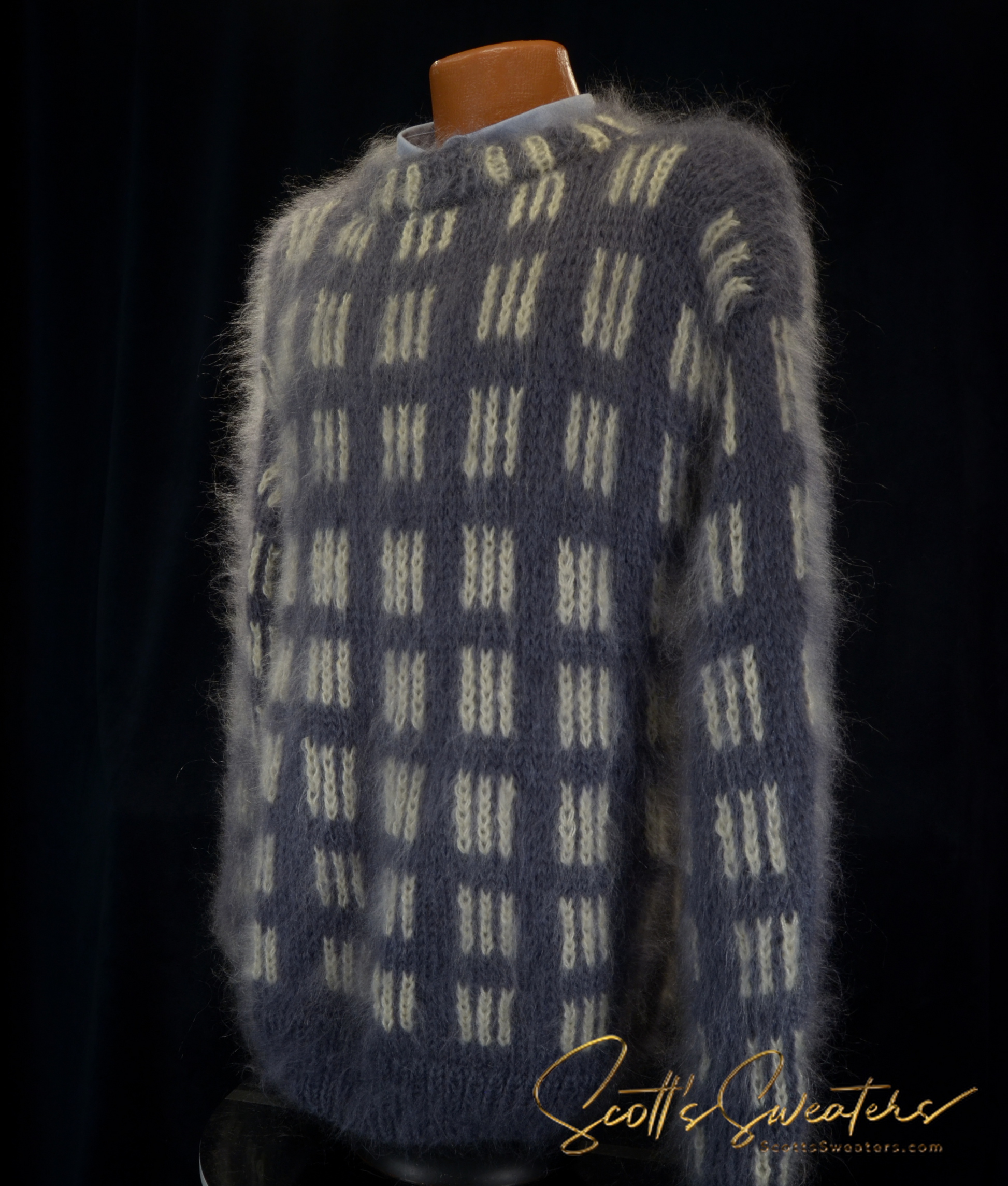 Slate-grey AI designed men's crewneck mohair sweater with a patterned knit.