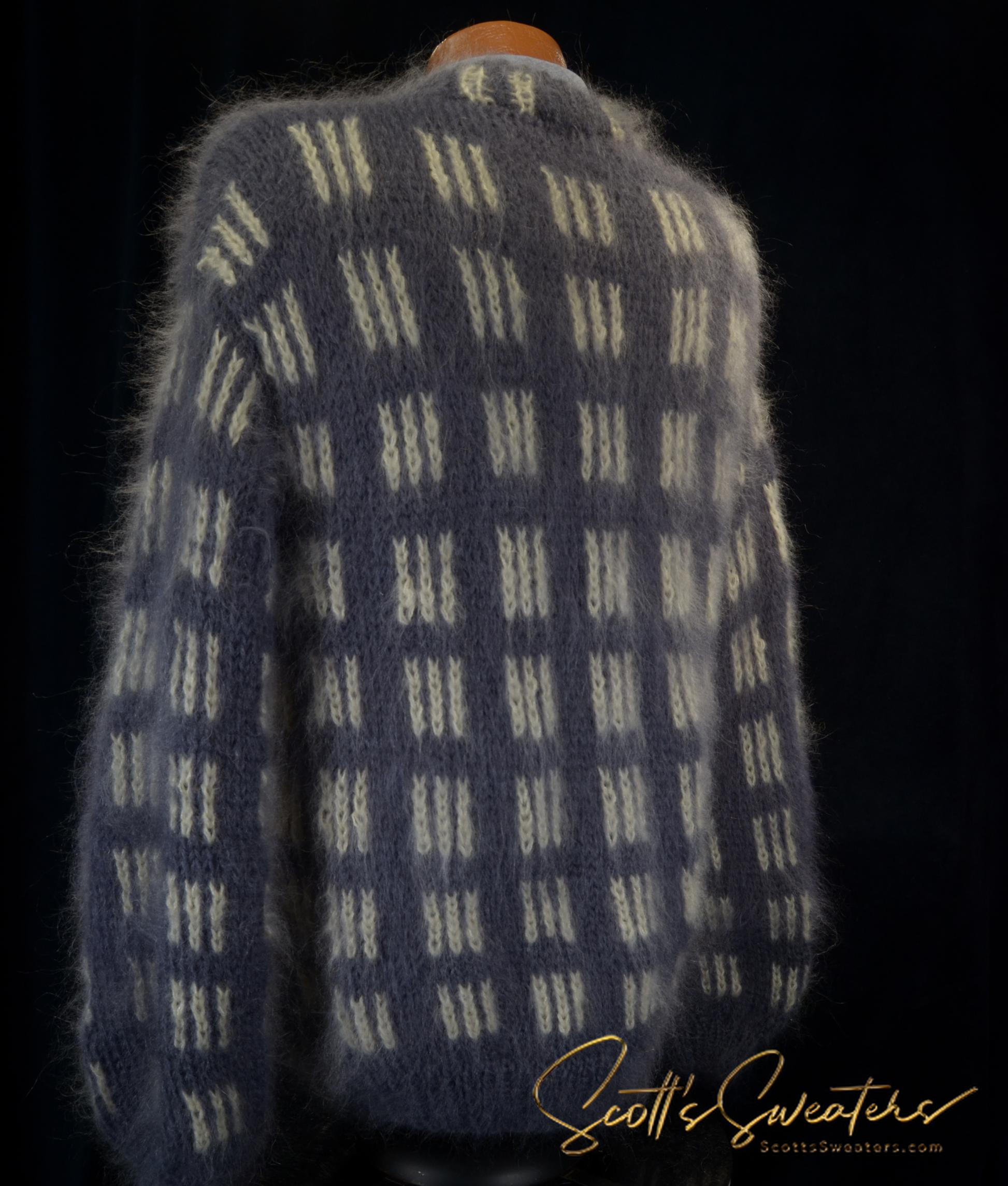 AI designed men's crewneck mohair sweater in slate grey with white abstract pattern, handknit and fuzzy texture