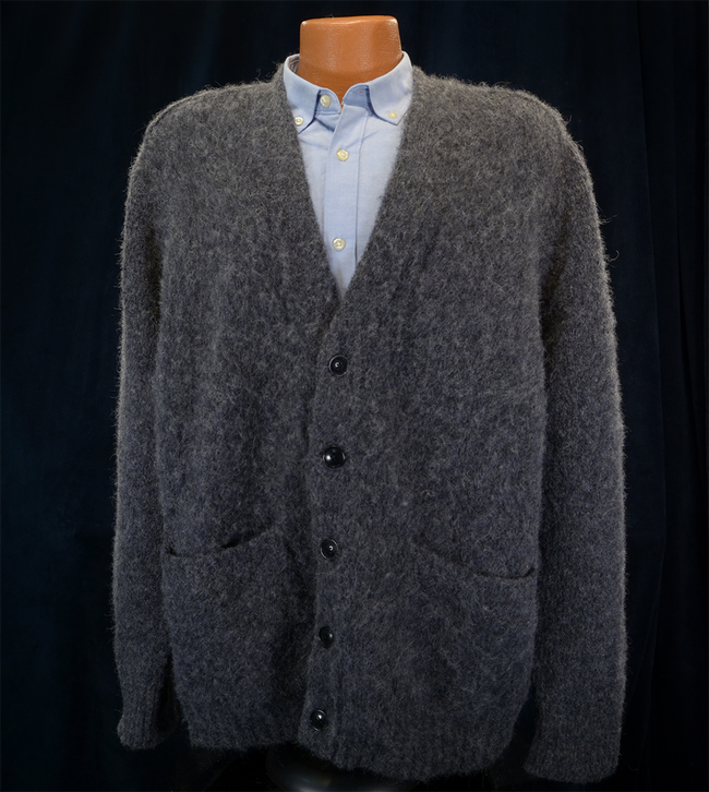 Men's soft alpaca cardigan sweater in charcoal grey with button front and pockets by Banana Republic