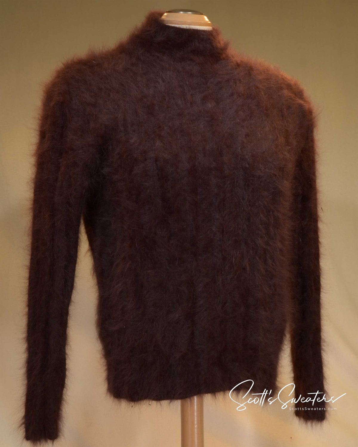 Men's GUCCI Sweater in dark reddish-brown fuzzy angora, featuring a high mock neck and long sleeves