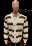 Men's fuzzy cardigan faux mohair striped ivory and brown sweater in size large on mannequin