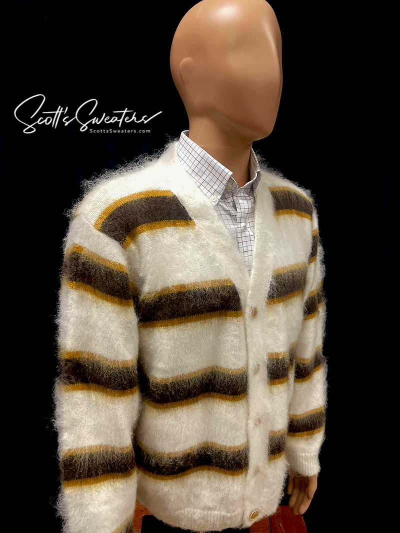 Men's fuzzy cardigan faux mohair striped ivory warm wool-like sweater size large