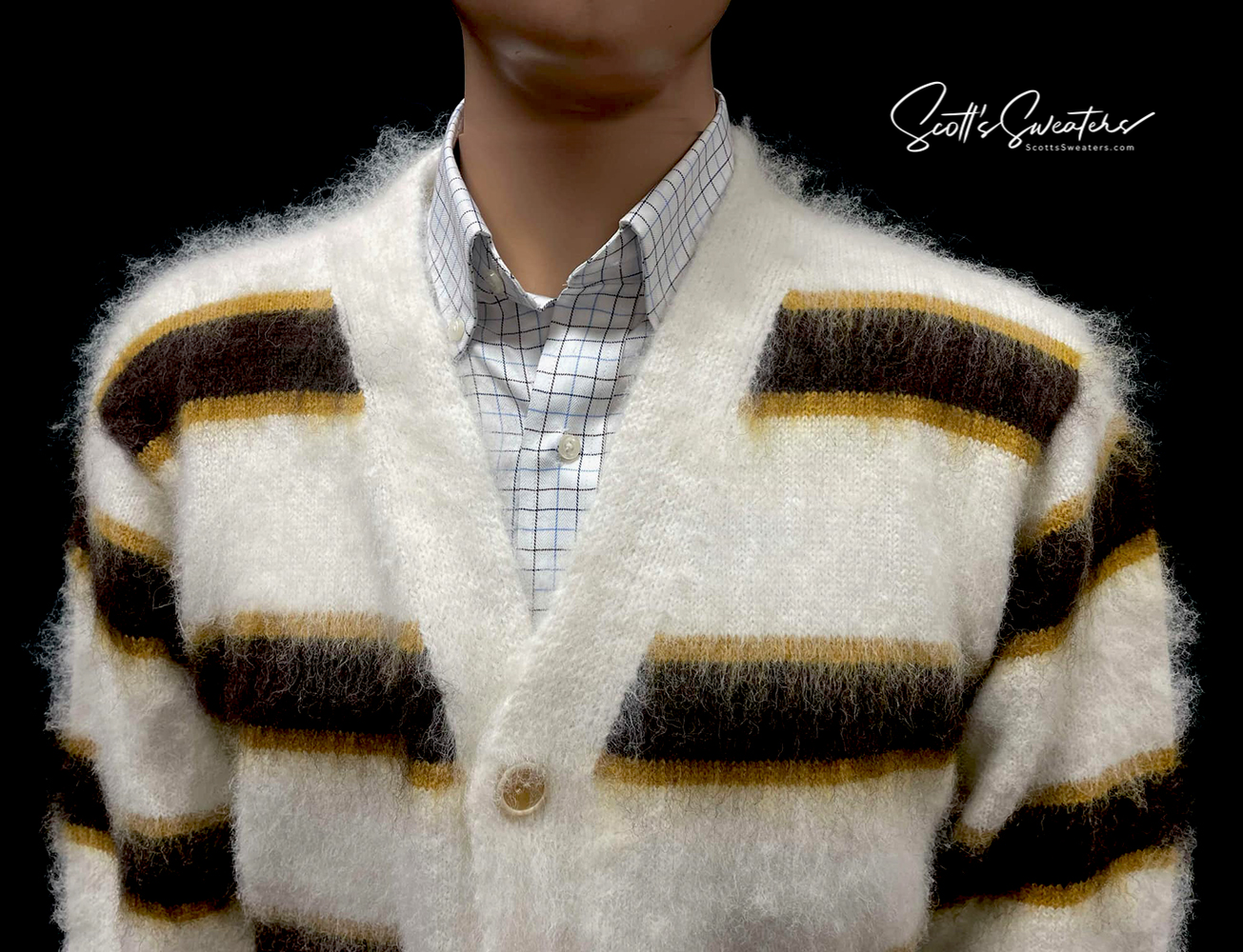 Men's Fuzzy Cardigan Faux Mohair Striped Sweater