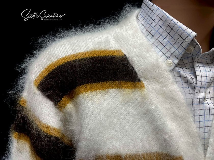 Men's fuzzy ivory striped faux mohair cardigan sweater on checkered shirt collar