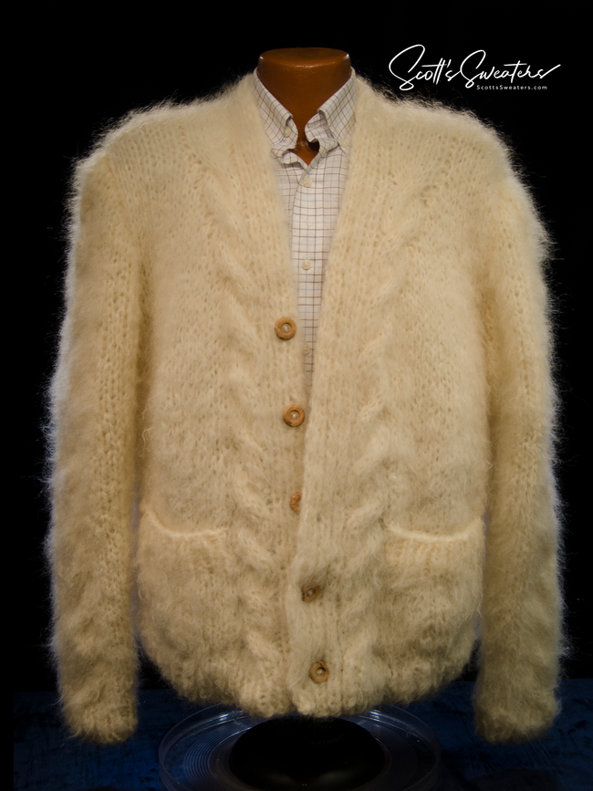 Men's hand-knit mohair and alpaca blend cardigan sweater with wooden buttons and cable-knit detailing in 3XL size