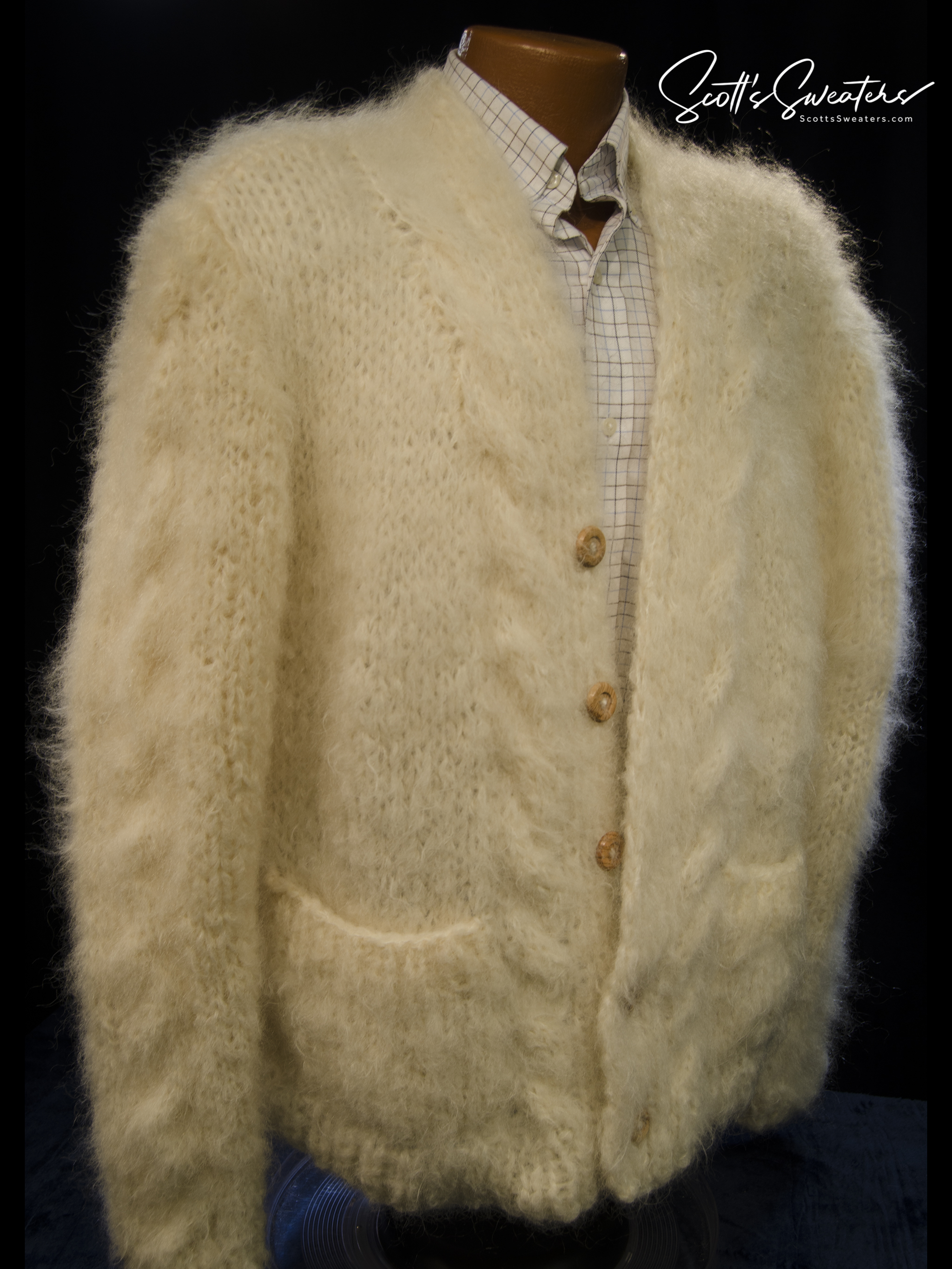 Men's hand-knit mohair and alpaca blend cardigan sweater with wooden buttons and cable-knit detailing