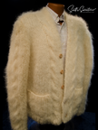 Men's hand-knit mohair and alpaca blend cardigan sweater with wooden buttons and cable-knit detailing