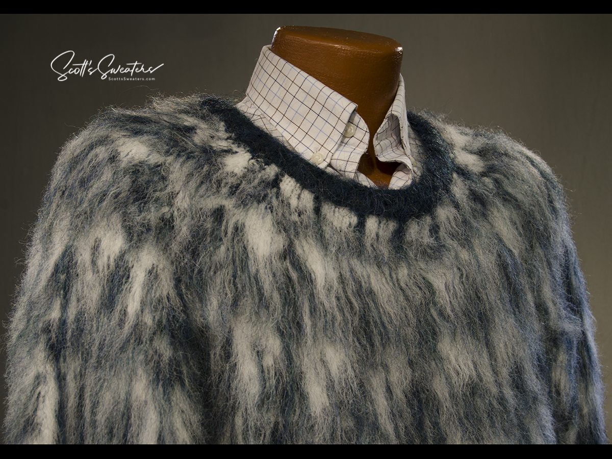 mens fuzzy sweater Unisex crewneck mohair sweater with slouchy fit and Icelandic style yoke design in fuzzy brown and cream colors