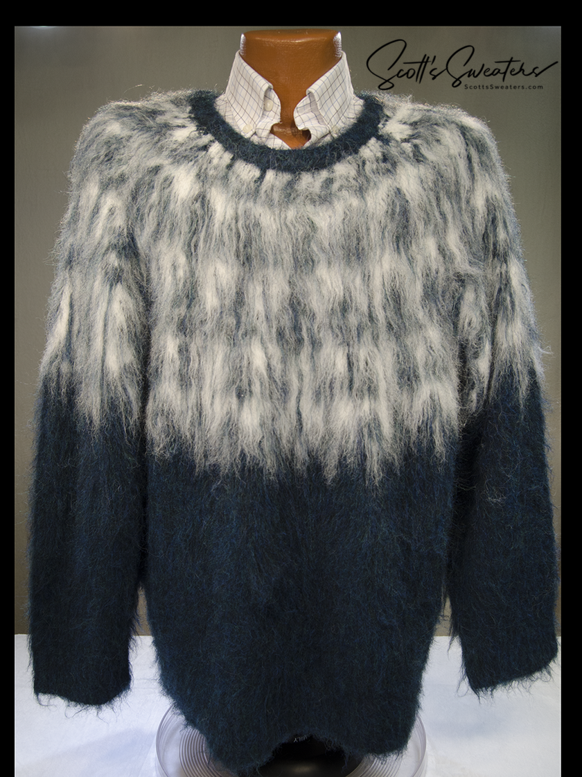 mens fuzzy sweater Unisex crewneck mohair sweater with slouchy fit and Icelandic style yoke design in fuzzy brown and cream colors