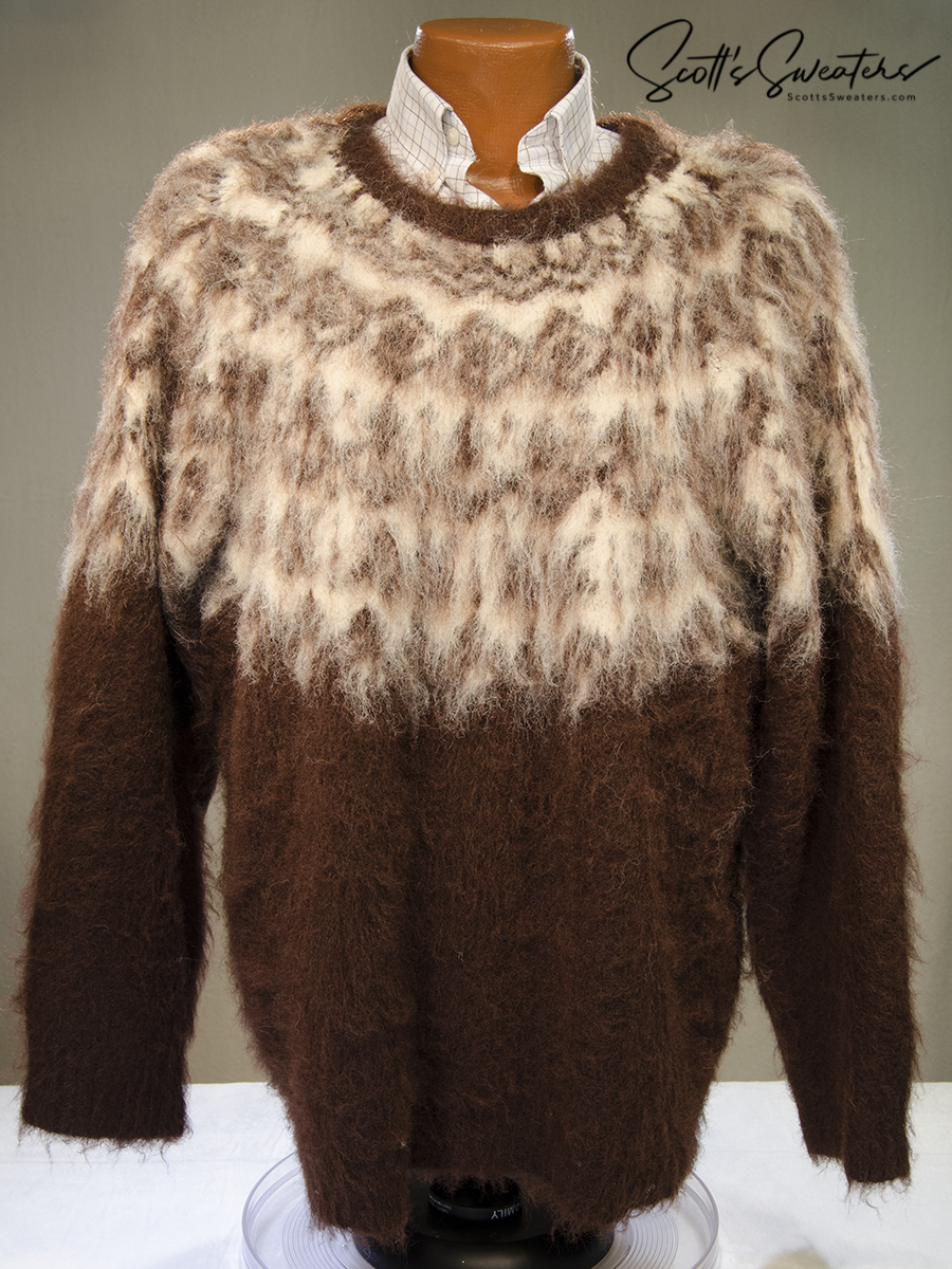 mens fuzzy sweater Unisex crewneck mohair sweater with slouchy fit and Icelandic style yoke design in fuzzy brown and cream colors