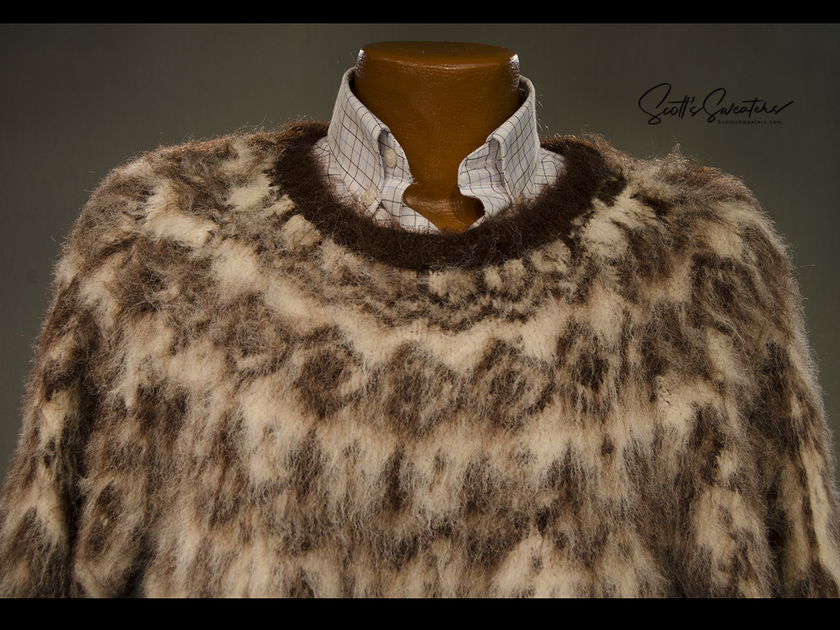 mens fuzzy sweater Unisex crewneck mohair sweater with slouchy fit and Icelandic style yoke design in fuzzy brown and cream colors