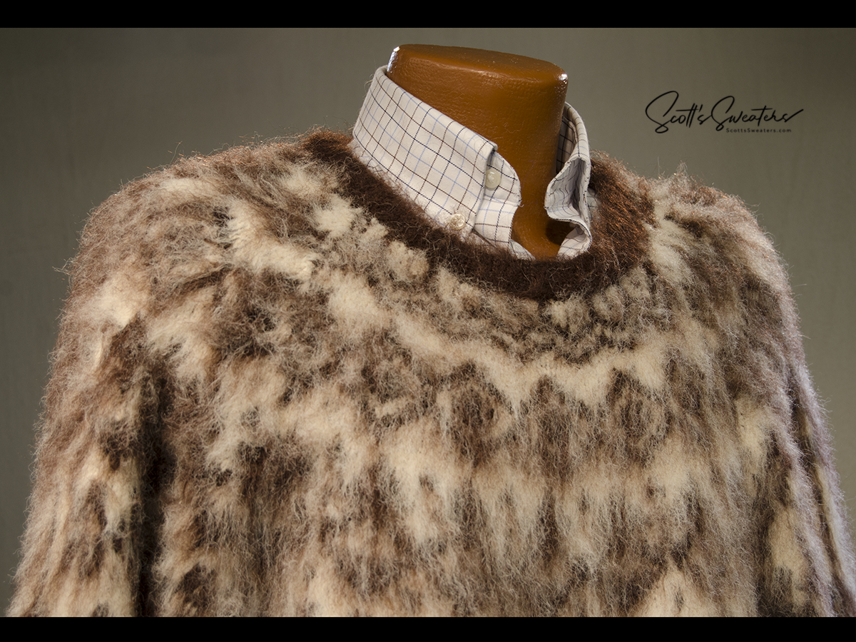 mens fuzzy sweater Unisex crewneck mohair sweater with slouchy fit and Icelandic style yoke design in fuzzy brown and cream colors