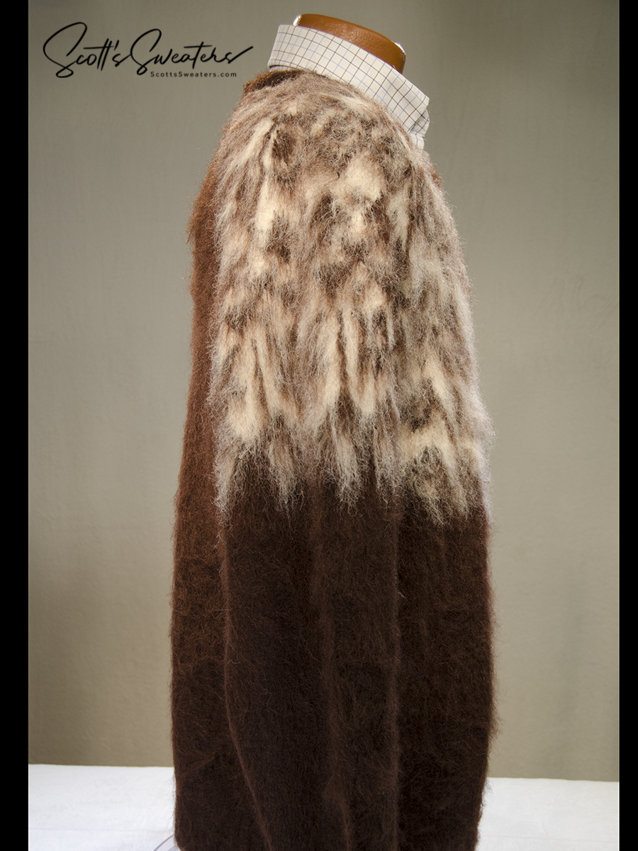 mens fuzzy sweater Unisex crewneck mohair sweater with slouchy fit and Icelandic style yoke design in fuzzy brown and cream colors