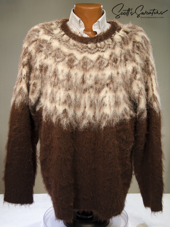 mens fuzzy sweater Unisex crewneck mohair sweater with slouchy fit and Icelandic style yoke design in fuzzy brown and cream colors