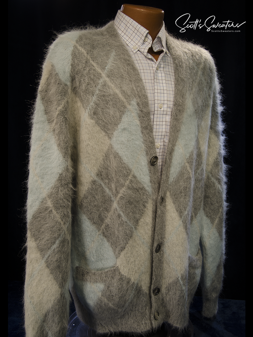 Men's Alpaca Mohair grey and blue argyle cardigan sweater by AMI Alexandre Mattiussi, soft fuzzy knit, X-Large size