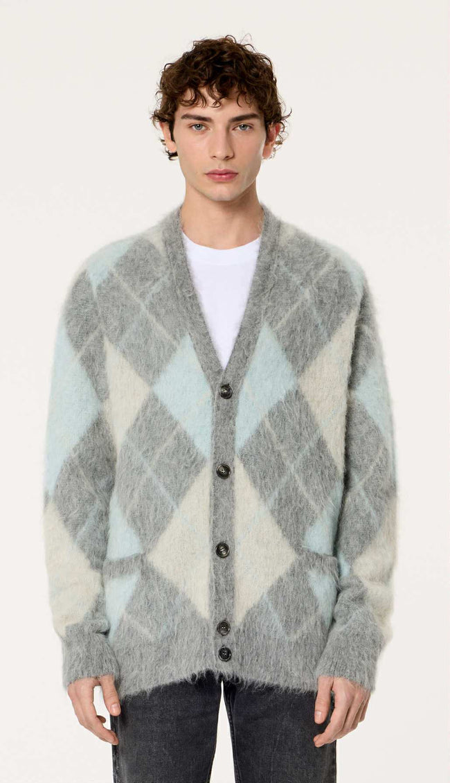 Men's Alpaca Mohair grey blue argyle cardigan sweater by AMI Alexandre Mattiussi