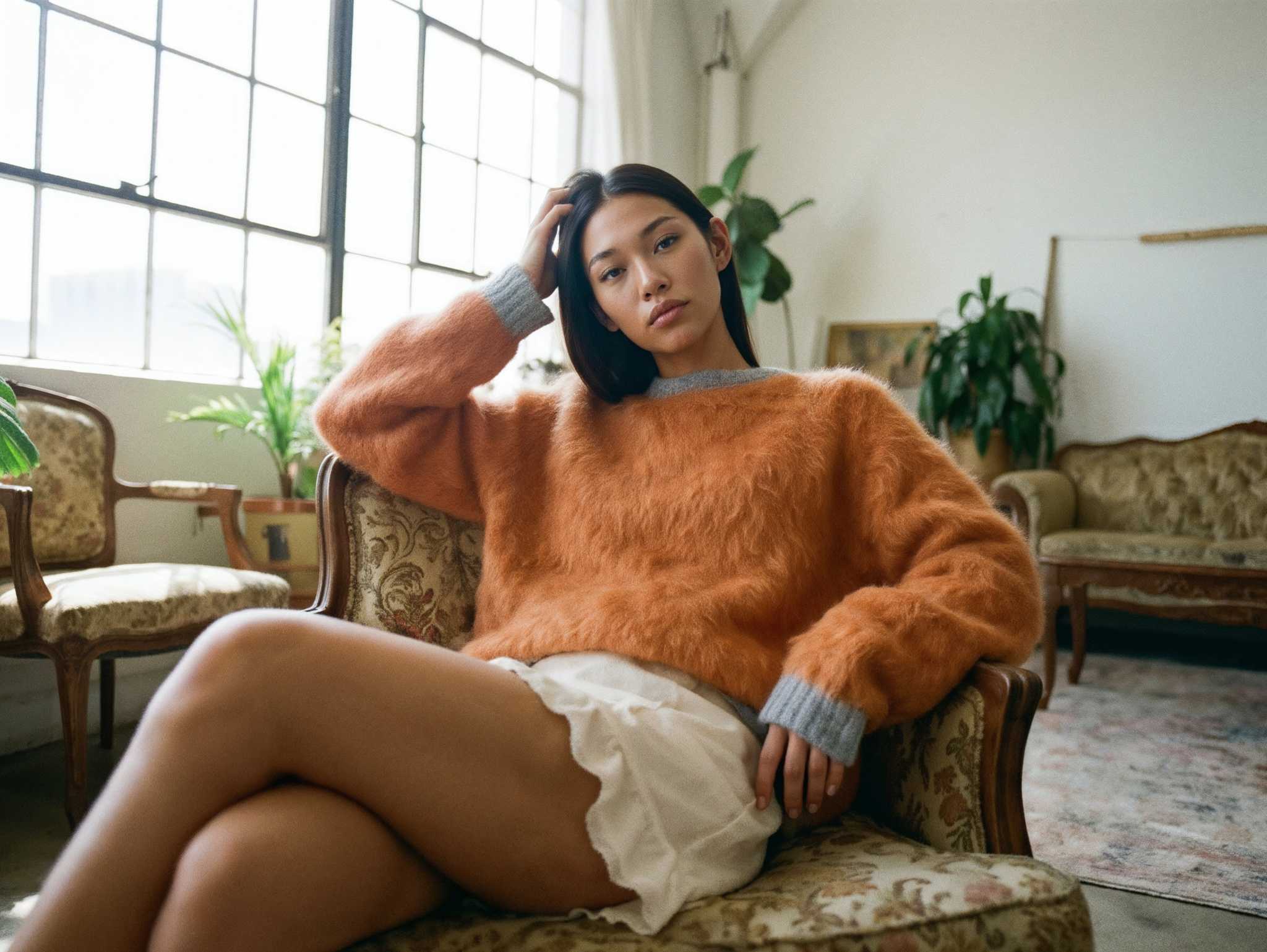 Unisex orange soft alpaca crewneck sweater by Brain Dead Sweater with grey trim and slouchy fit