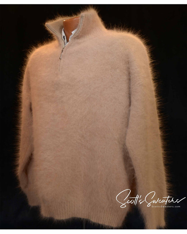 Men's Angora sweater with quarter zipper neck and ribbed panels for warmth and style