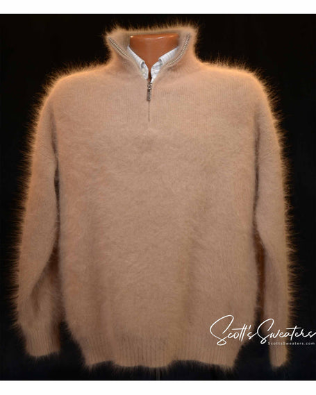 Men's angora sweater with one-quarter zipper neck in soft angora and nylon blend for warmth and comfort