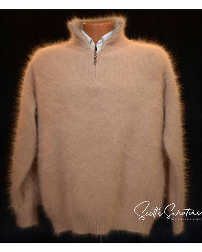 Men's angora sweater with one-quarter zipper neck in soft angora and nylon blend for warmth and comfort