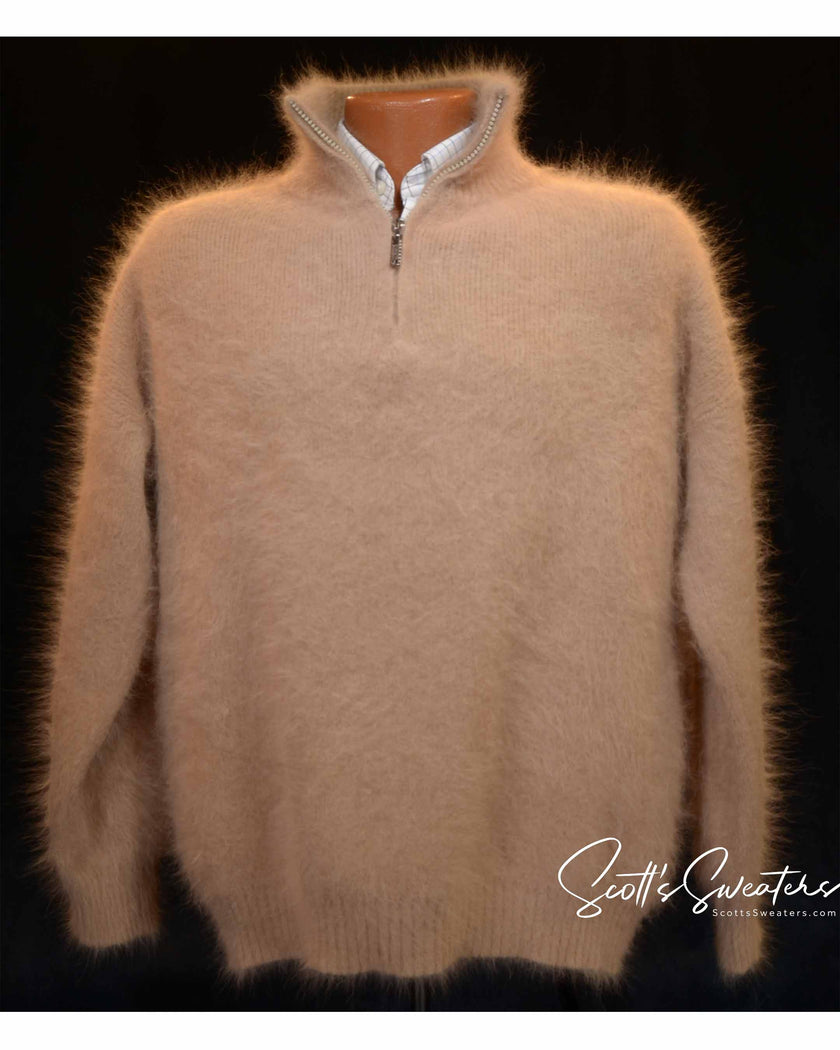 Men's angora sweater with one-quarter zipper neck in soft angora and nylon blend for warmth and comfort