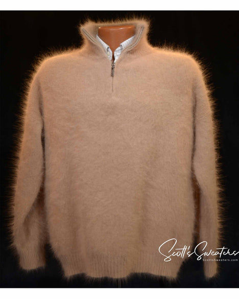 Men's angora sweater with one-quarter zipper neck in soft angora and nylon blend for warmth and comfort