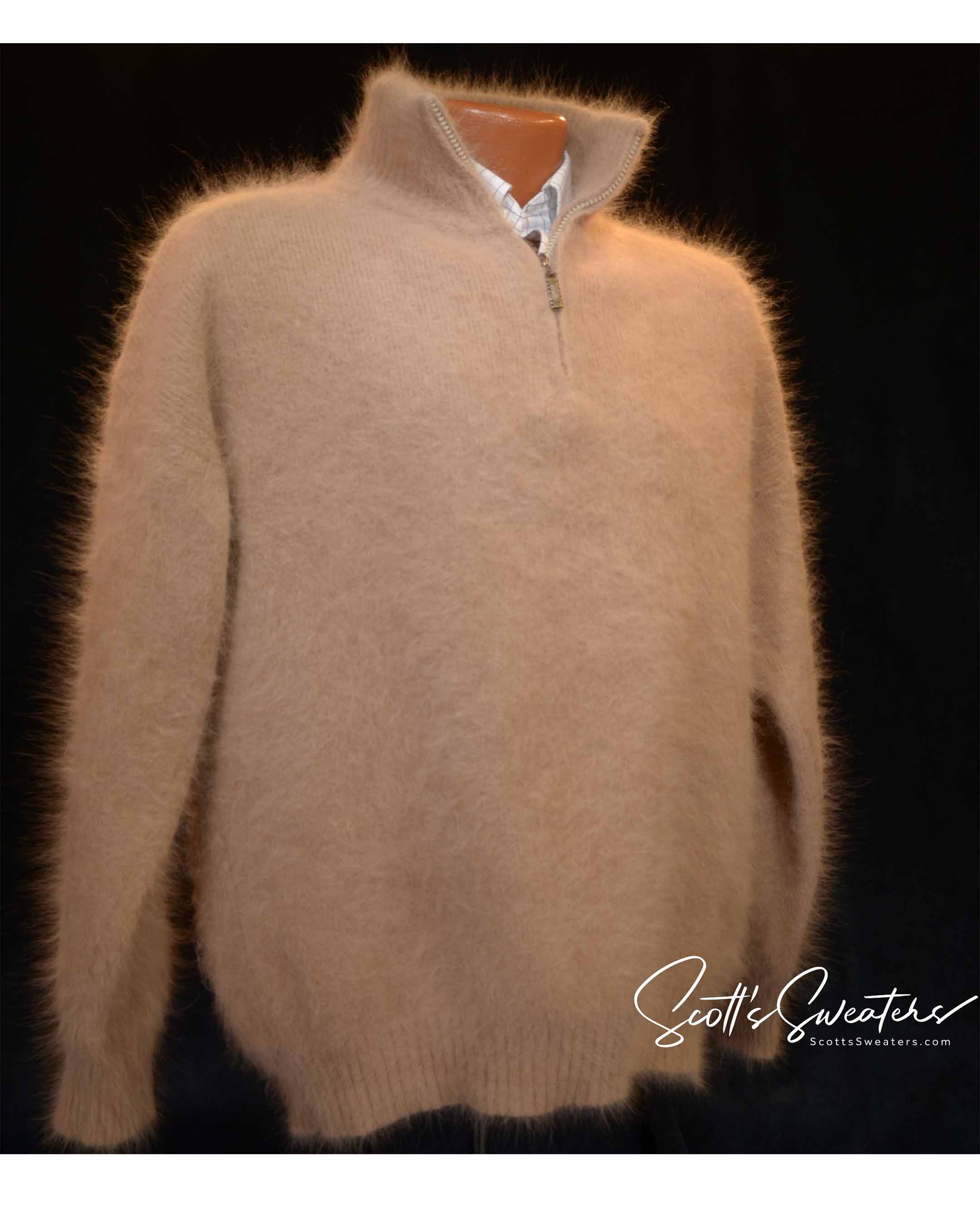 Men's Angora sweater with one-quarter zipper neck in soft angora and nylon blend, featuring ribbed cuffs and mock turtleneck collar