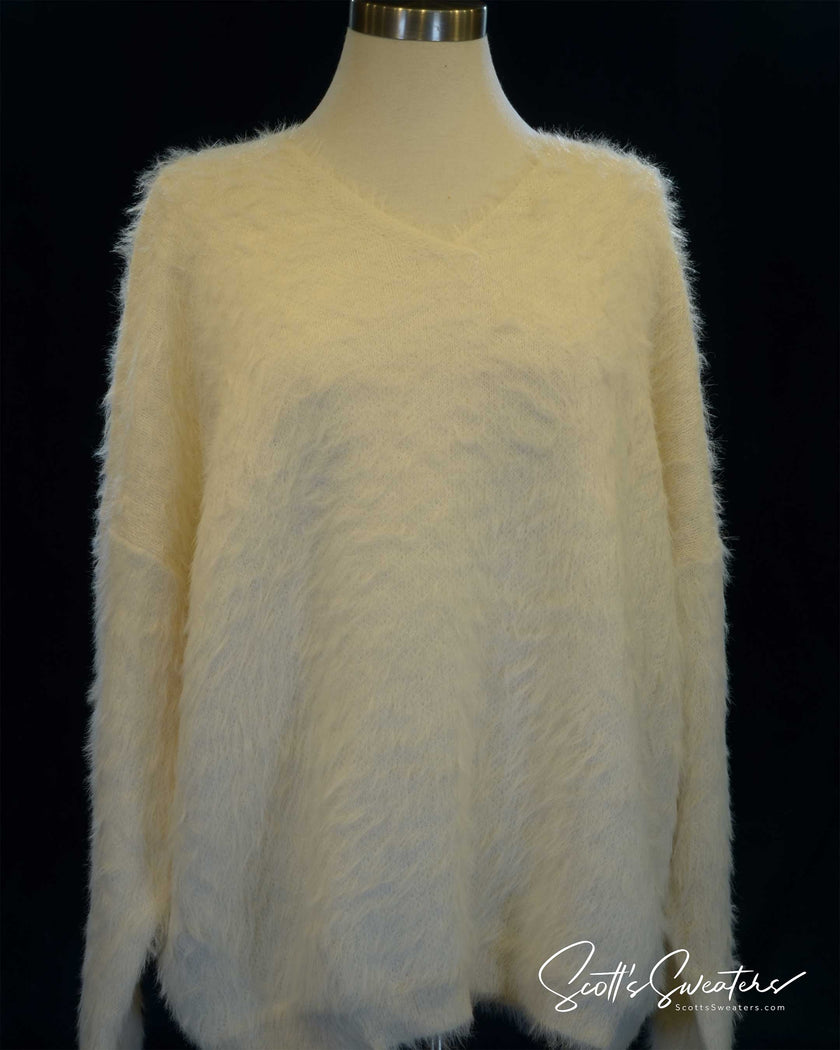 Women's eyelash sweaters soft fuzzy plush V-neck pullover light-weight warm