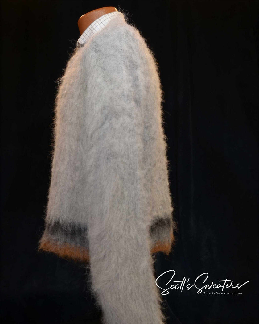 Men's fuzzy sweater with modern design on a male model