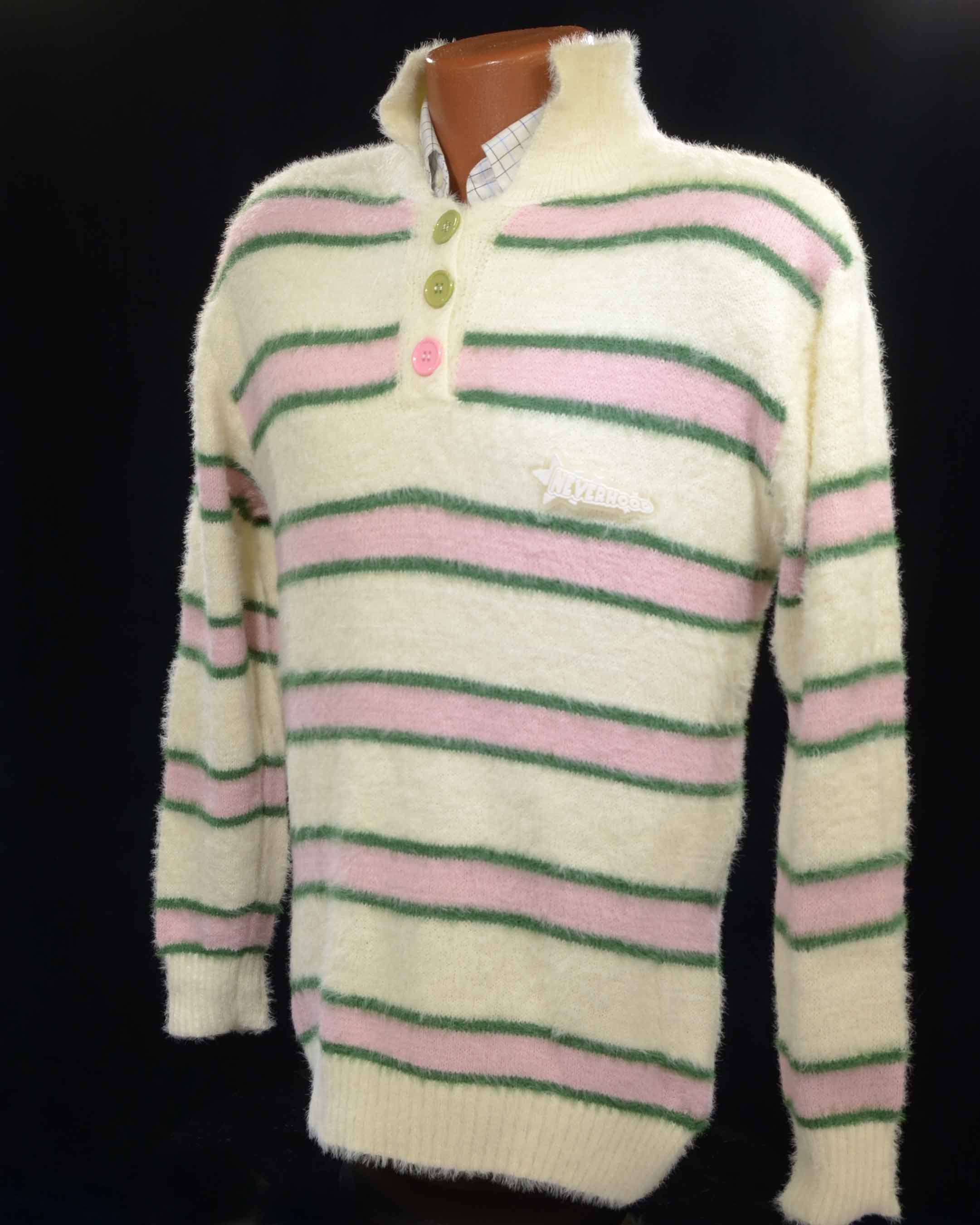 Men's Pastel Sweaters - Eyelash Sweaters with Striped Polo Neck Style