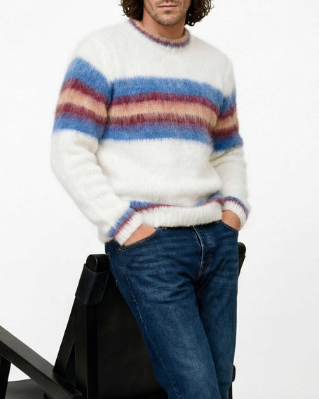 Men's mohair sweater with custom striped crewneck hand-knit from 80% mohair yarn