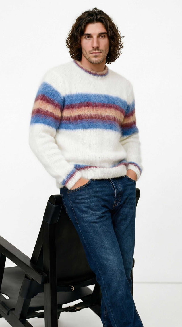 Men's mohair sweater with custom striped crewneck hand-knit from 80% mohair yarn