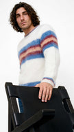 Men's mohair sweater with custom striped crewneck, hand-knit from 80% mohair yarn, featuring a sporty horizontal stripe design