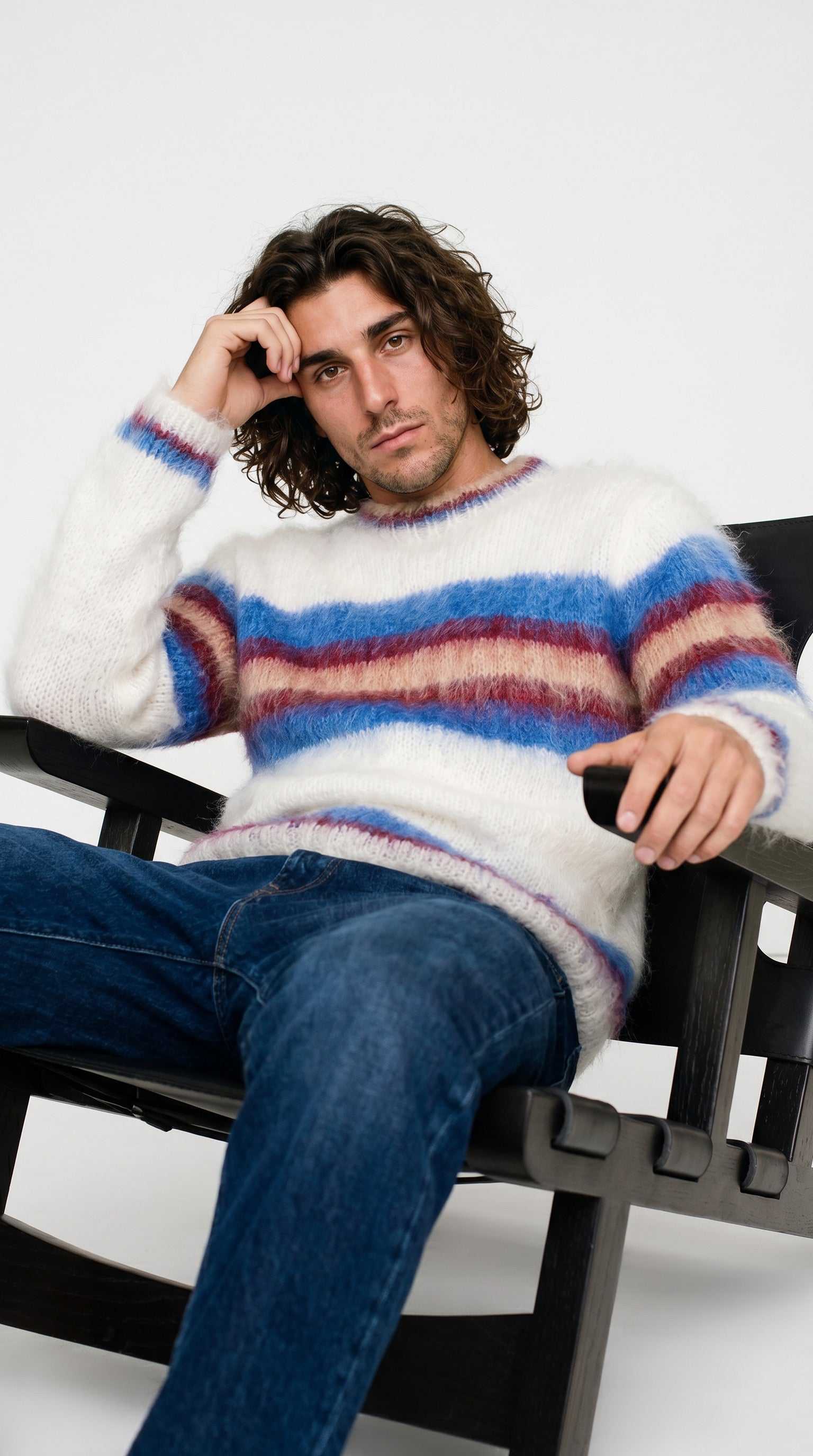 Men's mohair sweater with custom striped crewneck hand-knit from 80% mohair yarn, featuring a sporty collegiate horizontal stripe design