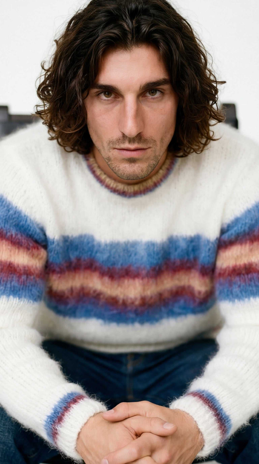 Men's mohair sweater with custom striped crewneck hand-knit from 80% mohair yarn