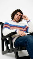 Men's mohair sweater with custom striped crewneck, hand-knit from 80% mohair yarn, featuring a sporty collegiate design