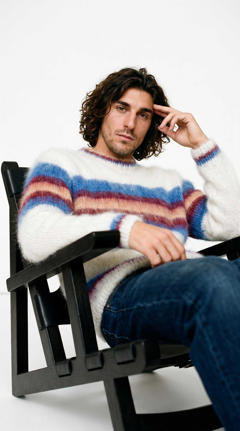 Men's mohair sweater with custom striped crewneck, hand-knit from 80% mohair yarn, featuring a sporty collegiate design