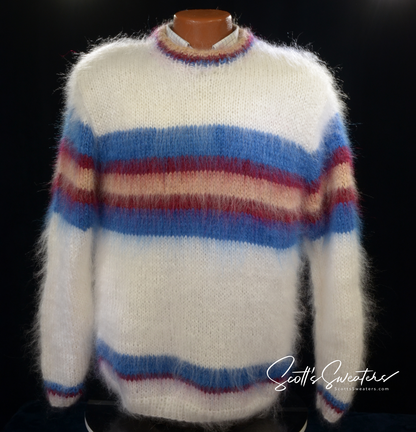 Men's mohair sweater with custom striped crewneck design, hand-knit with 75% mohair yarn in sporty collegiate style