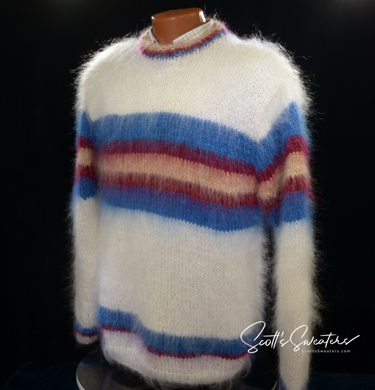 Men's mohair sweater with custom striped crewneck in sporty collegiate style