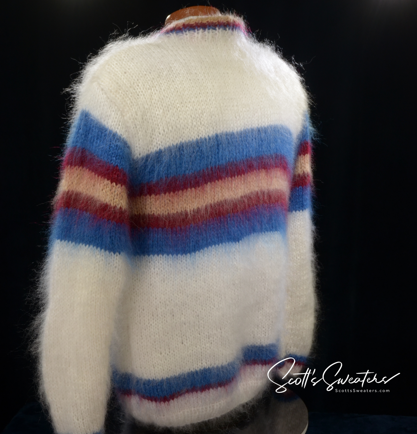 Men's mohair sweater with custom striped collegiate crewneck design in size medium or large