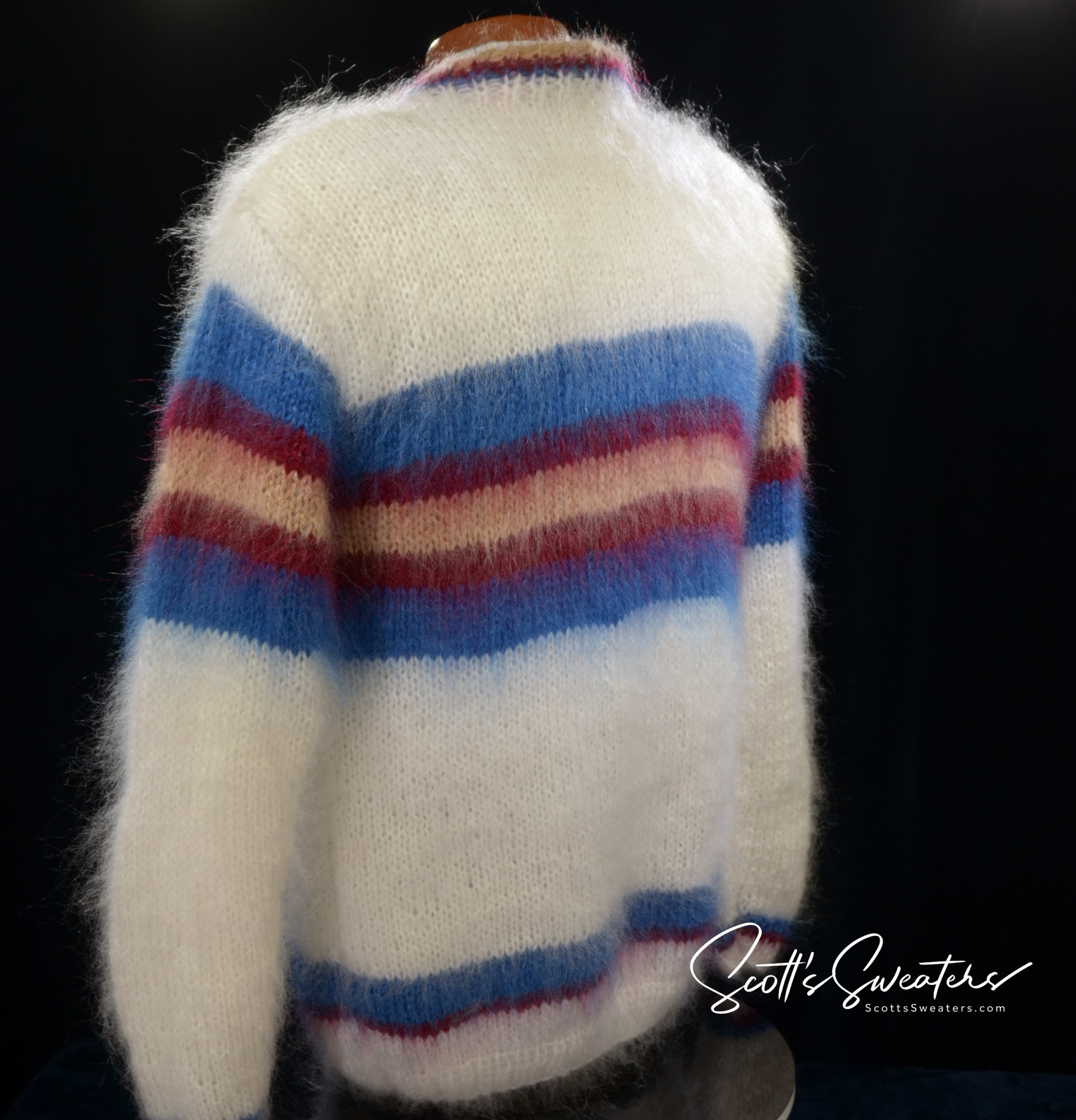 Men's mohair sweater with custom striped collegiate crewneck design in size medium or large