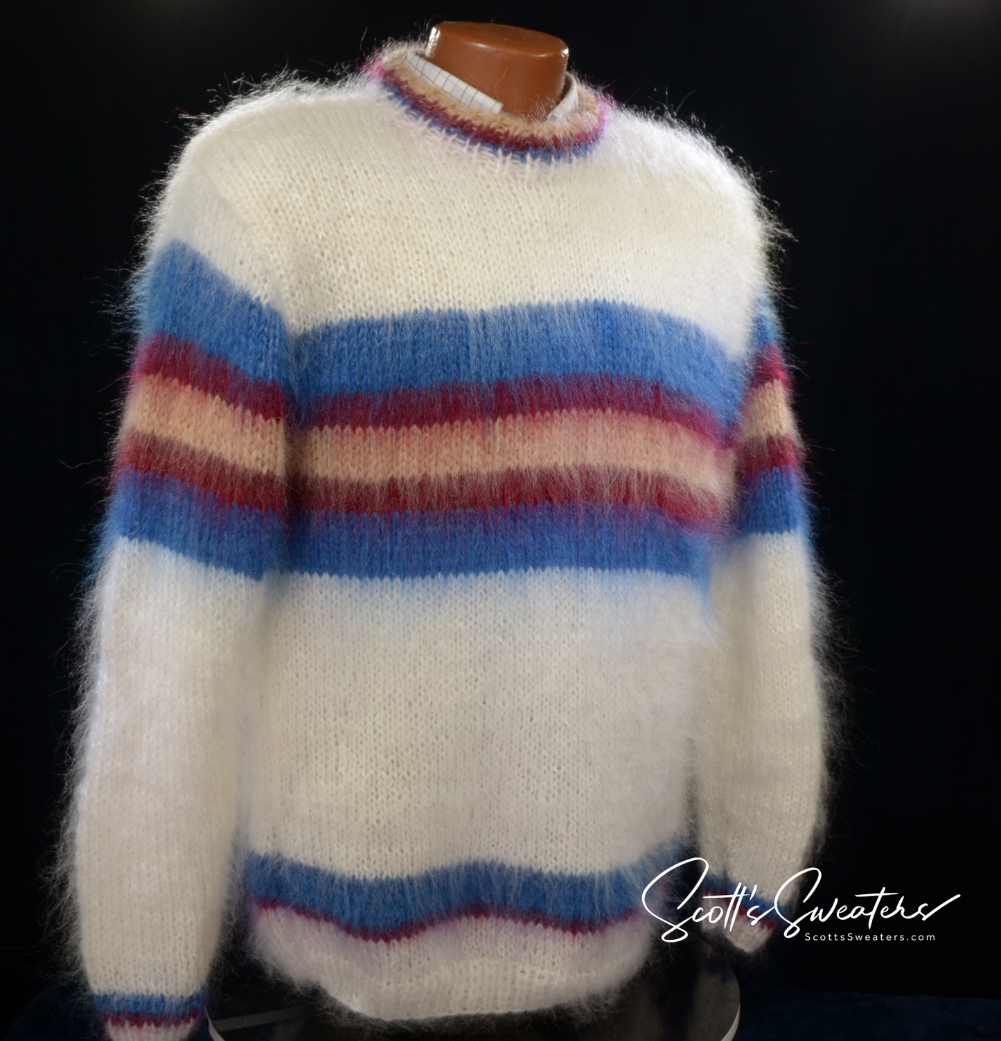 Men's mohair sweater with custom striped crewneck design in sporty collegiate style
