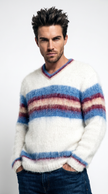 Men's mohair sweater with custom striped crewneck, hand-knit from 80% mohair yarn, sporty design