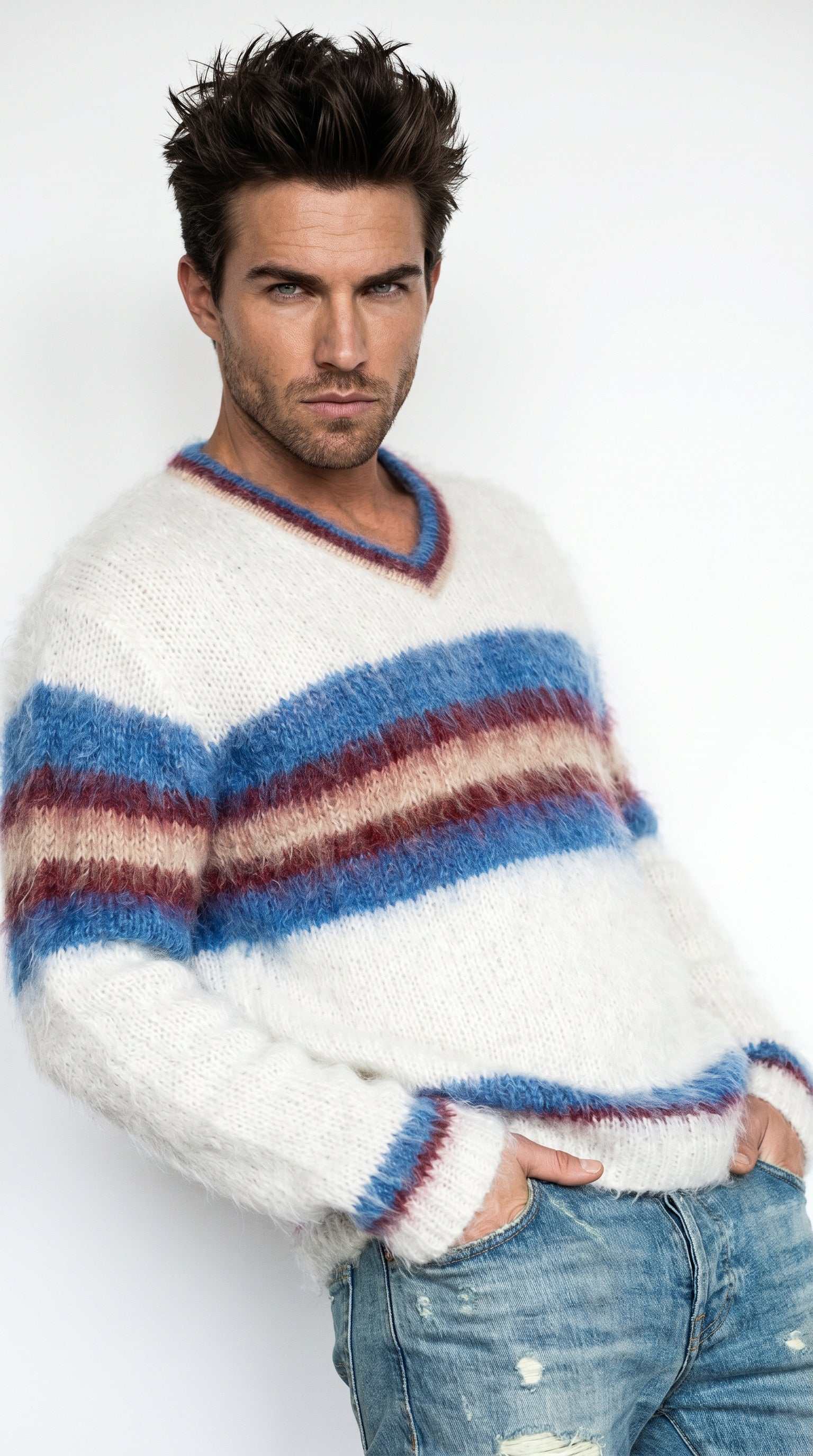 Men's mohair sweater hand-knit with custom striped crewneck in luxurious 80% mohair yarn